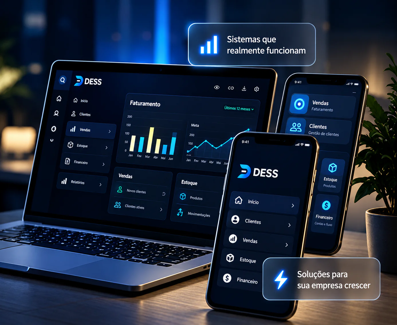 Notebook, tablet e smartphone com interfaces de sistemas DESS
