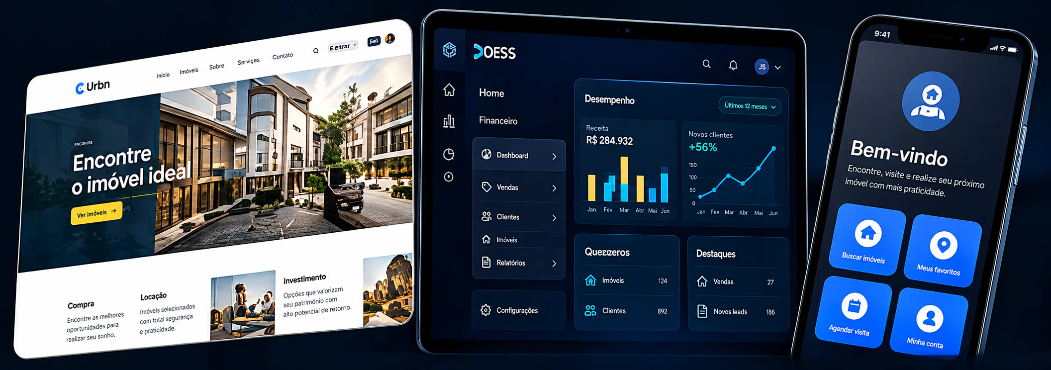 Exemplos visuais de site imobiliário, painel de gestão e aplicativo móvel