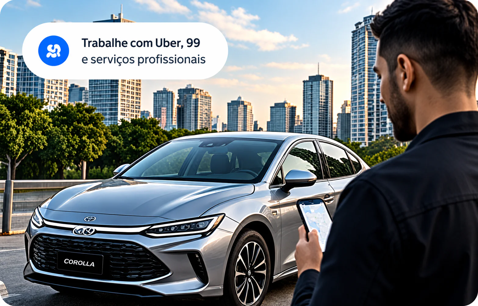Motorista com celular ao lado de um veículo para trabalho